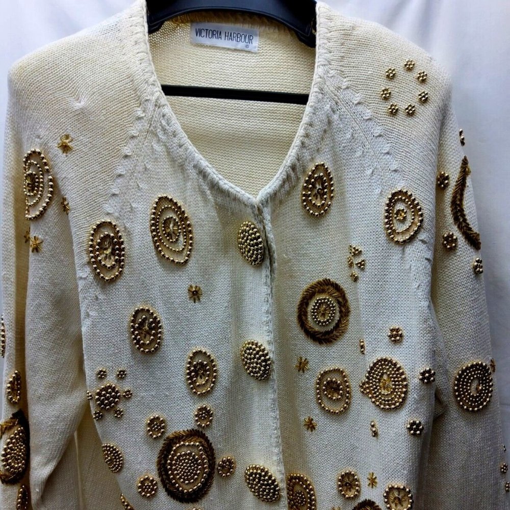 Vintage Victoria Harbour Beige Jacket with Beads Size L